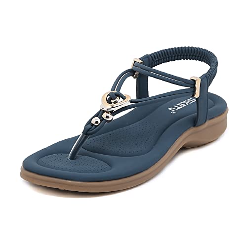 AONEGOLD Sandalen Damen Sommer Flipflop-Sandalen Zehentrenner Sandaletten Bohemian Flip Flops Bequeme Runde Zehen für den Strandurlaub(Blau,38EU) von AONEGOLD