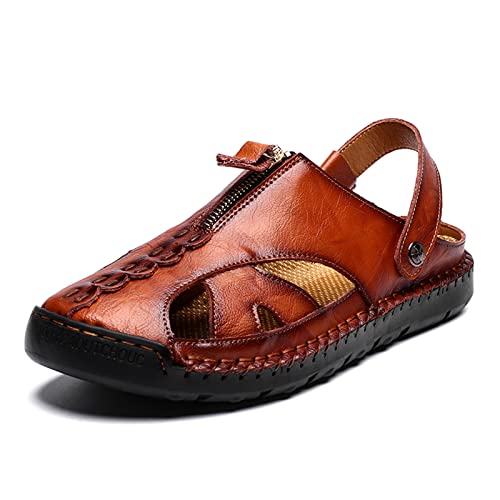 AONEGOLD Sandalen Herren Leder Sommer Strand Clogs Slipper Outdoor Trekking Wandersandalen Geschlossene Atmungsaktive Sandalen Pantoletten(Braun,44 EU) von AONEGOLD