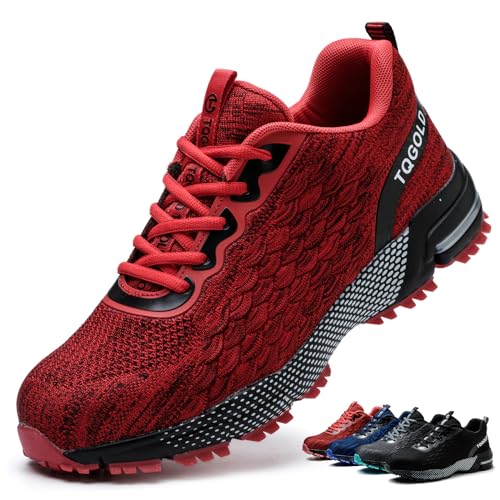 AONEGOLD Sicherheitsschuhe Herren Arbeitsschuhe Damen Leicht Stahlkappenschuhe rutschfest Atmungsaktiv Stahlkappe Sportlich Schutzschuhe (Rot,48EU) von AONEGOLD