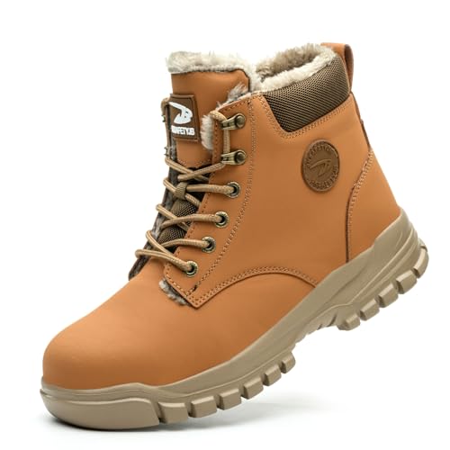 AONEGOLD Sicherheitsstiefel Herren Damen Gefüttert Wasserdicht Arbeitsschuhe Stahlkappenschuhe Durchstoßfest Leicht rutschfest Komfort Schuhe（Gelb Warm,44 EU） von AONEGOLD