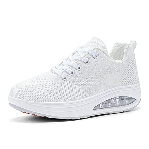 AONEGOLD Sneaker Damen mit Keilabsatz Freizeitschuhe Sportschuhe Mesh Frauen Fitness Sportschuhe Outdoor Leicht Plateau Turnschuhe Wedge Wanderschuhe Atmungsaktiv(Weiß,38EU) von AONEGOLD
