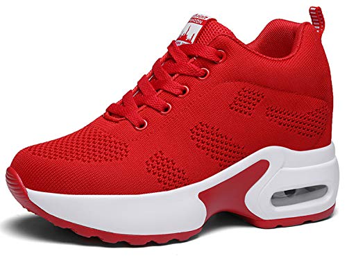 AONEGOLD Sneakers Mit Keilabsatz Damen Wedges Sportschuhe Turnschuhe Bequeme Atmungsaktiv Mesh Sport Laufschuhe Freizeitschuhe(Rot 1912,34 EU) von AONEGOLD