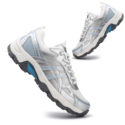 AONEGOLD Wanderschuhe Damen Herren Wasserdicht Atmungsaktiv Trekkingschuhe Leicht rutschfeste Bergschuhe Kletterschuhe Outdoorschuhe Hiking Mountain Sneaker (Weiß Blau/36EU) von AONEGOLD