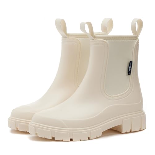 AONEGOLD Wasserdicht Gummistiefel Damen Anti-Rutsch Atmungsaktiv Boots Mode Regenstiefel Stiefeletten Gartenschuhe Gummistiefeletten(Beige,35 EU) von AONEGOLD