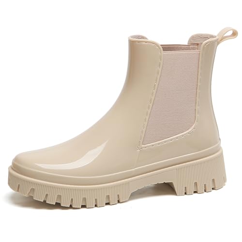 AONEGOLD Wasserdicht Gummistiefel Damen Anti-Rutsch Atmungsaktiv Boots Mode Regenstiefel Stiefeletten Gartenschuhe Gummistiefeletten(Beige,37 EU) von AONEGOLD