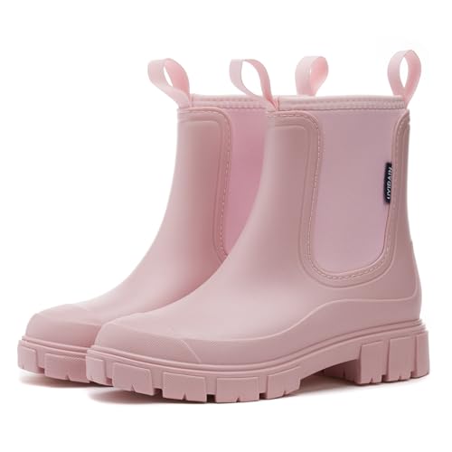 AONEGOLD Wasserdicht Gummistiefel Damen Anti-Rutsch Atmungsaktiv Boots Mode Regenstiefel Stiefeletten Gartenschuhe Gummistiefeletten(Rosa,37 EU) von AONEGOLD