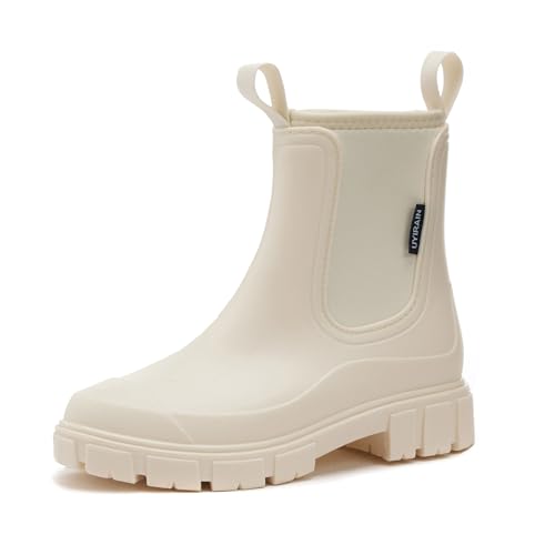 AONEGOLD Wasserdicht Gummistiefel Damen Atmungsaktiv Anti-Rutsch Boots Mode Stiefeletten Regenstiefel Gummistiefeletten Gartenschuhe(Beige Warm,38 EU) von AONEGOLD