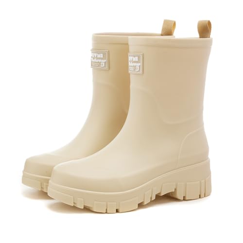 AONEGOLD Wasserdicht Gummistiefel Damen Halbhoch Atmungsaktiv Boots Gartenschuhe Mode Anti-Rutsch Gummistiefeletten Rain Boots（Beige，36 EU） von AONEGOLD