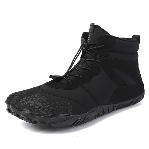 AONEGOLD Winter Unisex Barfußschuhe Damen Herren Wasserdicht Barfußschuhe Schnell Trocknend Traillaufschuhe Winterwanderschuhe Warme und rutschfeste Stiefel(6801Schwarz,36EU) von AONEGOLD