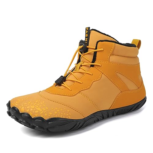 AONEGOLD Winter Unisex Barfußschuhe Damen Herren Wasserdicht Barfußschuhe Schnell Trocknend Traillaufschuhe Winterwanderschuhe Warme und rutschfeste Stiefel(6801Gelb,40EU) von AONEGOLD