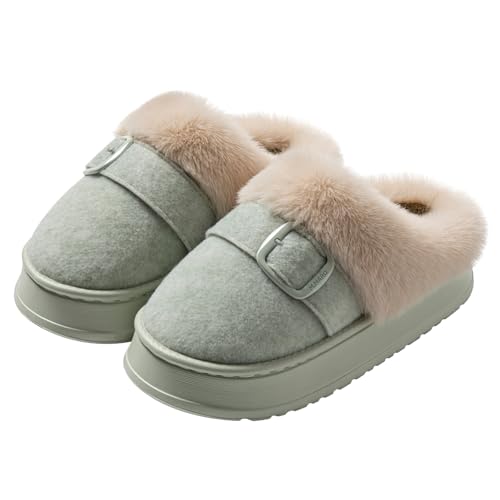 AONERTIGER Hausschuhe Damen Winter Warm Weich Bequeme Pantoffeln Mit Rutschfester Hausschuhe Kuscheligem Kunstpelz-Futter Plüsch Slippers Plüsch Slippers(3100 Grün,38/39) von AONETIGER