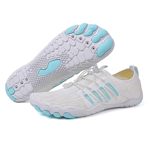 AONETIGER Badeschuhe Herren Wasserschuhe Damen Strandschuhe Sommer Atmungsaktiv Barfußschuhe rutschfeste Schwimmschuhe Surfschuhe Aquaschuhe Fitnessschuhe(818 Weiß Blau,35EU) von AONETIGER