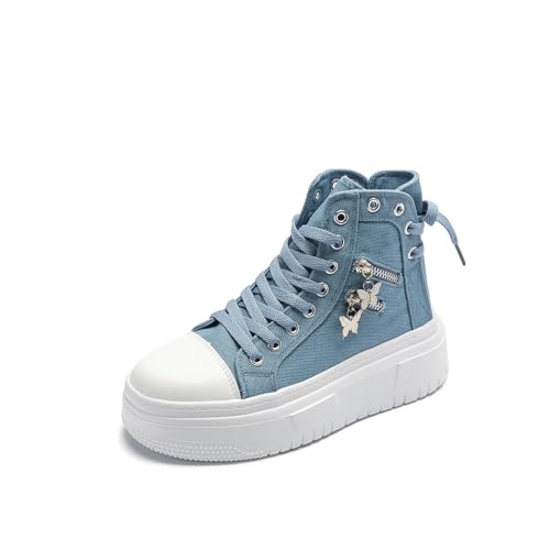 AONETIGER Damen High Top Canvas Sneaker Leicht Dicke Sohle Canvas Sportschuhe rutschfest Canvas Stoff Freizeitschuhe Atmungsaktiv Schnürer Turnschuhe (Blau,37EU) von AONETIGER