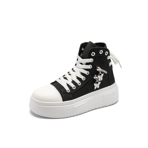 AONETIGER Damen High Top Canvas Sneaker Leicht Dicke Sohle Canvas Sportschuhe rutschfest Canvas Stoff Freizeitschuhe Atmungsaktiv Schnürer Turnschuhe (Schwarz,36EU) von AONETIGER