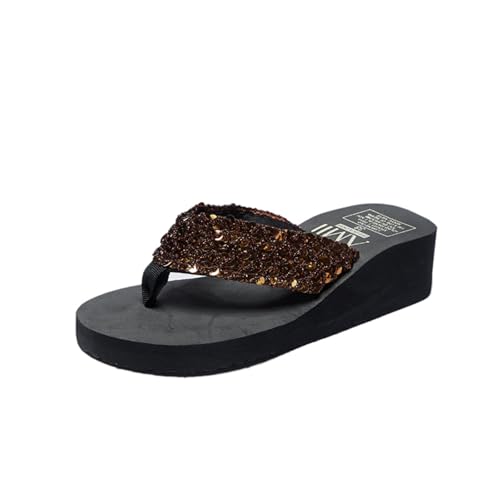 AONETIGER Flip Flops Damen Sommer Keilabsatz mit Glitter Sandalen Rutschfeste Stylische Komfort Zehenabscheider Badelatschen（Braun，38 EU） von AONETIGER