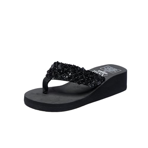 AONETIGER Flip Flops Damen Sommer Keilabsatz mit Glitter Sandalen Rutschfeste Stylische Komfort Zehenabscheider Badelatschen（Schwarz，39 EU） von AONETIGER