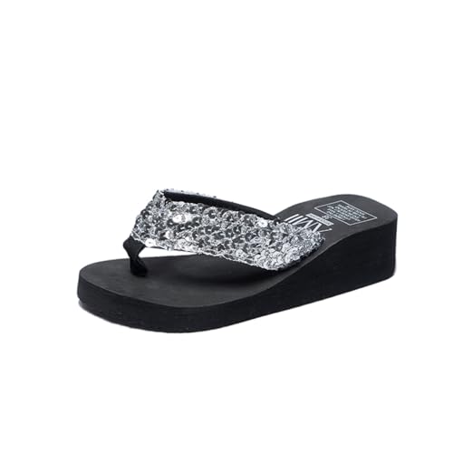 AONETIGER Flip Flops Damen Sommer Keilabsatz mit Glitter Sandalen Rutschfeste Stylische Komfort Zehenabscheider Badelatschen（Silber，38 EU） von AONETIGER