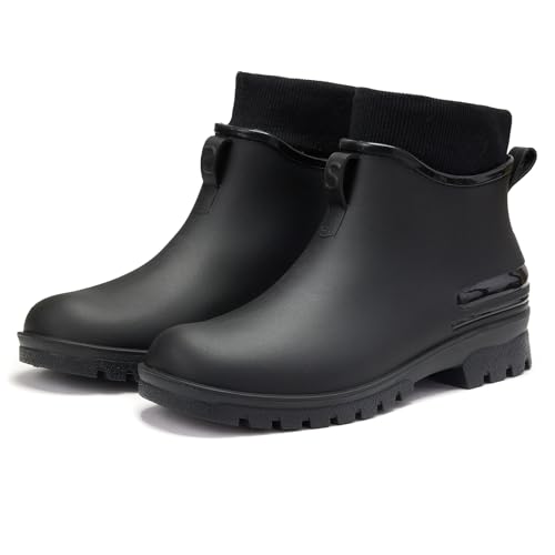AONETIGER Gummistiefel Damen Gefüttert Regenstiefel rutschfeste Warme Regenschuhe Wasserdicht Männer Chelsea Stiefeletten Mode Gartenschuhe (Schwarz,44EU) von AONETIGER