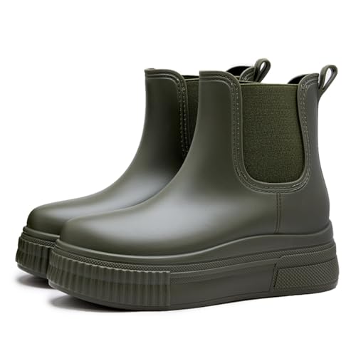 AONETIGER Gummistiefel Damen Halbhohe Chelsea Boots Bequem Stiefeletten Wasserdicht Anti-Rutsch Regenstiefel Gummistiefeletten Außenbereich Gartenschuhe（Grün,36 EU von AONETIGER