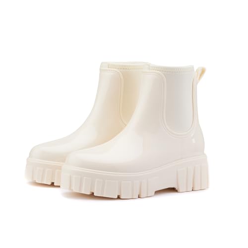 AONETIGER Gummistiefel Damen Regenschuhe Wasserdicht Halbhoch Segelstiefel rutschfest Regenstiefel Bequem Chelsea Boots Mode Gartenschuhe (05 Beige,36EU) von AONETIGER