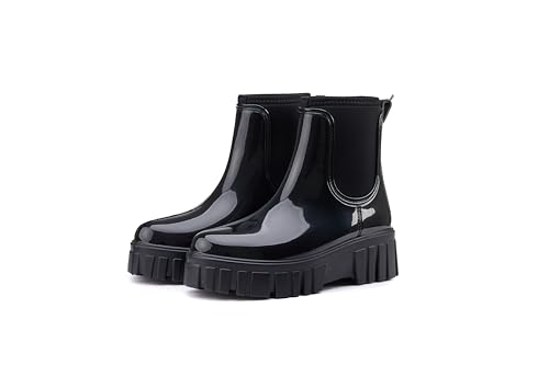 AONETIGER Gummistiefel Damen Regenschuhe Wasserdicht Halbhoch Segelstiefel rutschfest Regenstiefel Bequem Chelsea Boots Mode Gartenschuhe (05 Schwarz,38EU) von AONETIGER