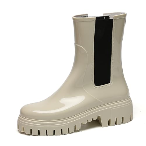 AONETIGER Gummistiefel Damen Regenschuhe Wasserdicht Halbhoch Segelstiefel rutschfest Regenstiefel Bequem Chelsea Boots Mode Gartenschuhe (135 Beige,41EU) von AONETIGER