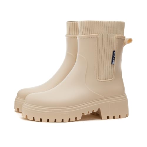 AONETIGER Gummistiefel Damen Regenschuhe Wasserdicht Halbhoch Segelstiefel rutschfest Regenstiefel Bequem Chelsea Boots Mode Gartenschuhe (926 Beige,38EU) von AONETIGER