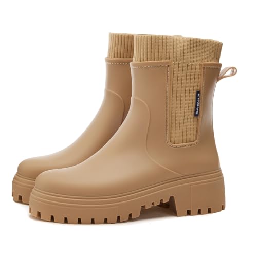 AONETIGER Gummistiefel Damen Regenschuhe Wasserdicht Halbhoch Segelstiefel rutschfest Regenstiefel Bequem Chelsea Boots Mode Gartenschuhe (926 Braun,36EU) von AONETIGER