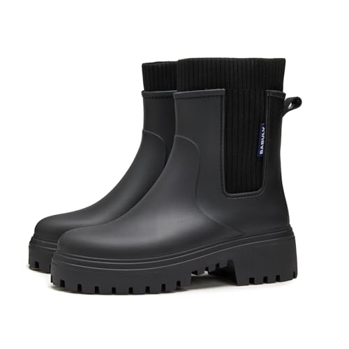 AONETIGER Gummistiefel Damen Regenschuhe Wasserdicht Halbhoch Segelstiefel rutschfest Regenstiefel Bequem Chelsea Boots Mode Gartenschuhe (926 Schwarz,36EU) von AONETIGER