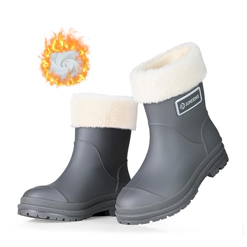 AONETIGER Gummistiefel Damen Warme Gefüttert Regenstiefel Winter Wasserdicht Regenschuhe Mode rutschfeste Gartenschuhe Halbhoch Gummistiefeletten(813 Grau,39EU) von AONETIGER