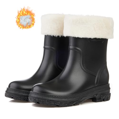 AONETIGER Gummistiefel Damen Warme Gefüttert Regenstiefel Winter Wasserdicht Regenschuhe Mode rutschfeste Gartenschuhe Halbhoch Gummistiefeletten(913 Schwarz,39EU) von AONETIGER
