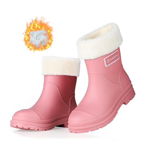 AONETIGER Gummistiefel Damen Warme Gefüttert Regenstiefel Winter Wasserdicht Regenschuhe Mode rutschfeste Gartenschuhe Halbhoch Gummistiefeletten(813 Rosa,39EU) von AONETIGER