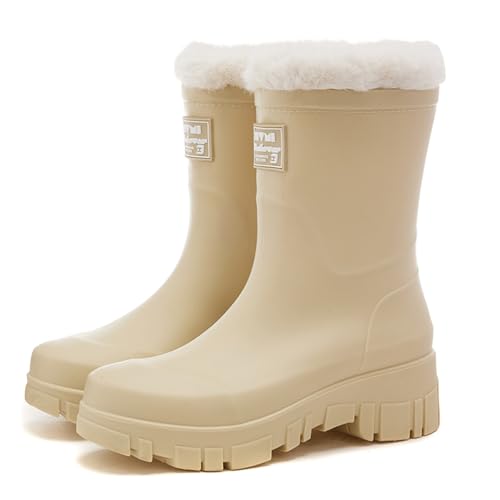 AONETIGER Gummistiefel Gefüttert Damen Warme Regenstiefel Winter Wasserdicht Halbhohe Regenschuhe rutschfeste Gartenschuhe Fashion Rain Boots Gummistiefeletten (600 Beige,37EU) von AONETIGER