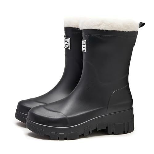 AONETIGER Gummistiefel Gefüttert Damen Warme Regenstiefel Winter Wasserdicht Halbhohe Regenschuhe rutschfeste Gartenschuhe Fashion Rain Boots Gummistiefeletten (600 Schwarz,36EU) von AONETIGER