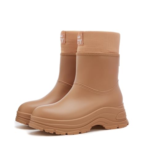 AONETIGER Gummistiefel Gefüttert Damen Warme Regenstiefel Winter Wasserdicht Halbhohe Regenschuhe rutschfeste Gartenschuhe Fashion Rain Boots Gummistiefeletten (Braun,40EU) von AONETIGER