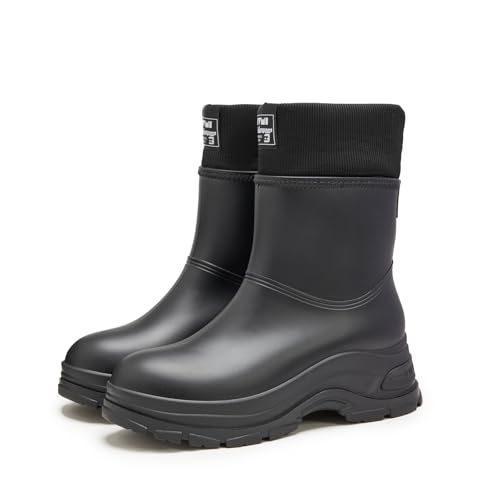AONETIGER Gummistiefel Gefüttert Damen Warme Regenstiefel Winter Wasserdicht Halbhohe Regenschuhe rutschfeste Gartenschuhe Fashion Rain Boots Gummistiefeletten (Schwarz,37EU) von AONETIGER