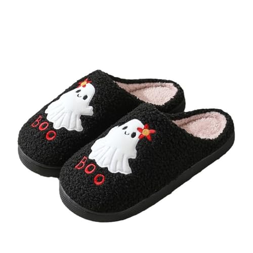 AONETIGER Halloween Hausschuhe Damen Herren Mit Geistermuster Warme Drinnen Pantoffeln Weiche Baumwolle Hausschuhe Rutschfeste Slipper(914 schwarz,40/41) von AONETIGER