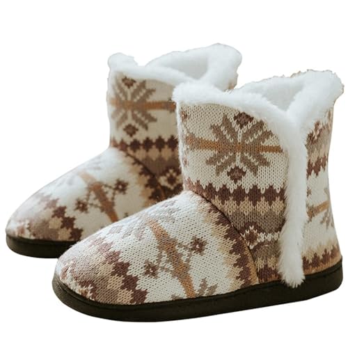 AONETIGER Hausschuhe Damen Herren Plüsch Hausstiefel Winter Pantoffeln Stiefel Hüttenstiefel Fell Warm Bequeme flauschig Slipper Braun Größe 35 36 von AONETIGER