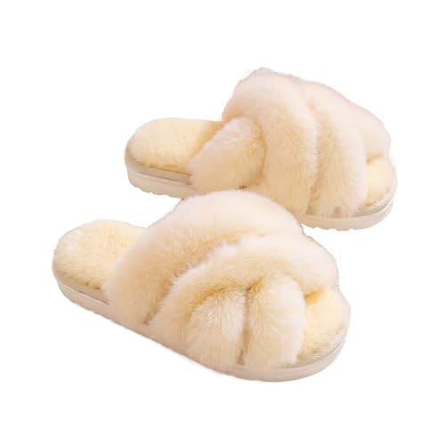 AONETIGER Hausschuhe Damen Plüsch mit Kreuzband Winter Leichte Bequeme Pantoffeln Frauen Rutschfeste Warme Slipper Schuhe Stylisches Memory Foam Hausschuhe (Gelb,38/39EU) von AONETIGER