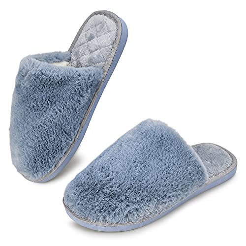 AONETIGER Hausschuhe Damen Warme Bequeme Plüsch Hausschuhe mit Weiche Memory Foam Flauschige Pantoffeln Winter Indoor/Outdoor Rutschfeste Slippers (36/37 EU,Grau Blau) von AONETIGER