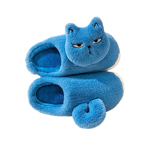 AONETIGER Hausschuhe Damen Winter Warme Flauschige Hausschuhe Plüsch Herren Pantoffeln Bequeme Kunstpelz Gefüttert Rutschfeste Slippers(36/37EU,Blaue Katze) von AONETIGER