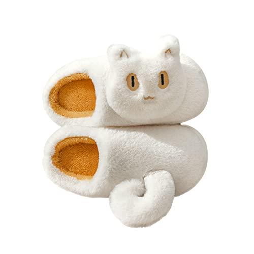 AONETIGER Hausschuhe Damen Winter Warme Flauschige Hausschuhe Plüsch Herren Pantoffeln Bequeme Kunstpelz Gefüttert Rutschfeste Slippers(36/37EU,Weiße Katze) von AONETIGER