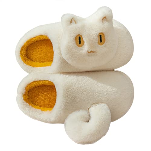 AONETIGER Hausschuhe Damen Winter Warme Flauschige Hausschuhe Plüsch Herren Pantoffeln Bequeme Kunstpelz Gefüttert Rutschfeste Slippers(36/37EU,Weiße Katze) von AONETIGER