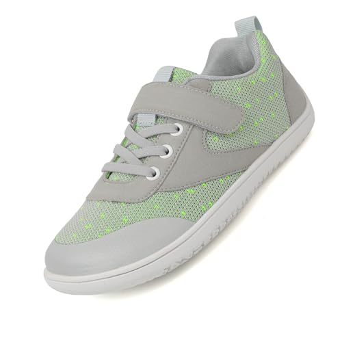 AONETIGER Kinder Barfußschuhe Breite Junge Mädchen Minimalistische mit Klettverschluss Laufschuhe Leicht Traillaufschuhe Atmungsaktiv Barfuß Sneaker (Grau,28EU) von AONETIGER