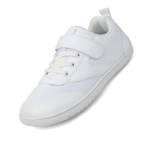 AONETIGER Kinder Barfußschuhe Breite Junge Mädchen Minimalistische mit Klettverschluss Laufschuhe Leicht Traillaufschuhe Atmungsaktiv Barfuß Sneaker (Weiß,36EU) von AONETIGER