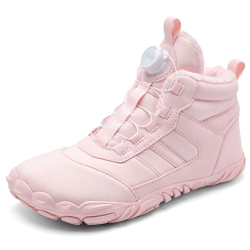AONETIGER Kinder Winter Barfußschuhe Jungen Mädchen Warm Gefüttert Winterschuhe Leicht rutschfest Breite Winterstiefel Outdoor Wasserdicht Schneestiefel (Rosa,32EU) von AONETIGER