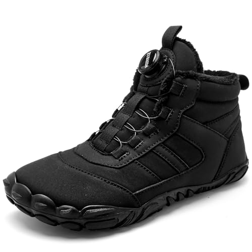 AONETIGER Kinder Winter Barfußschuhe Jungen Mädchen Warm Gefüttert Winterschuhe Leicht rutschfest Breite Winterstiefel Outdoor Wasserdicht Schneestiefel (Schwarz,34EU) von AONETIGER