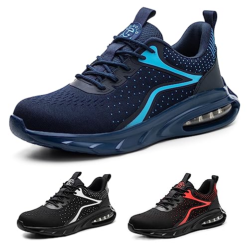 AONETIGER Sicherheitsschuhe Herren Damen Arbeitsschuhe Leicht rutschfest Stahlkappenschuhe Atmungsaktiv Sportlich Luftkissen Schutzschuhe Industrie Sneaker(Blau,45EU) von AONETIGER