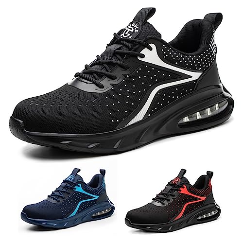 AONETIGER Sicherheitsschuhe Herren Damen Arbeitsschuhe Leicht rutschfest Stahlkappenschuhe Atmungsaktiv Sportlich Luftkissen Schutzschuhe Industrie Sneaker(Schwarz,38EU) von AONETIGER