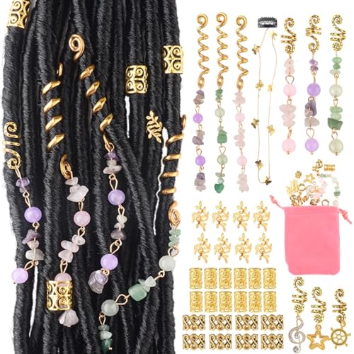 Haarschmuck Dreadlock-Zubehör, natürlicher Kristallstein für Haarzöpfe, Charm-Spulen, Ringe, Haarmanschetten für Frauen, Haardekoration, Gold, 39 Stück von AONEZONE